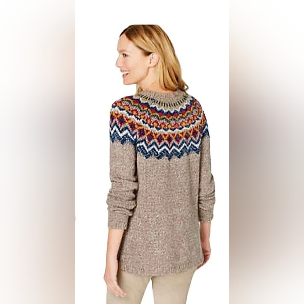J. Jill Perfect Pumpkin Patch Taupe Blue Burgundy & Gold Fair Isle Tunic Sweater - Picture 2 of 11